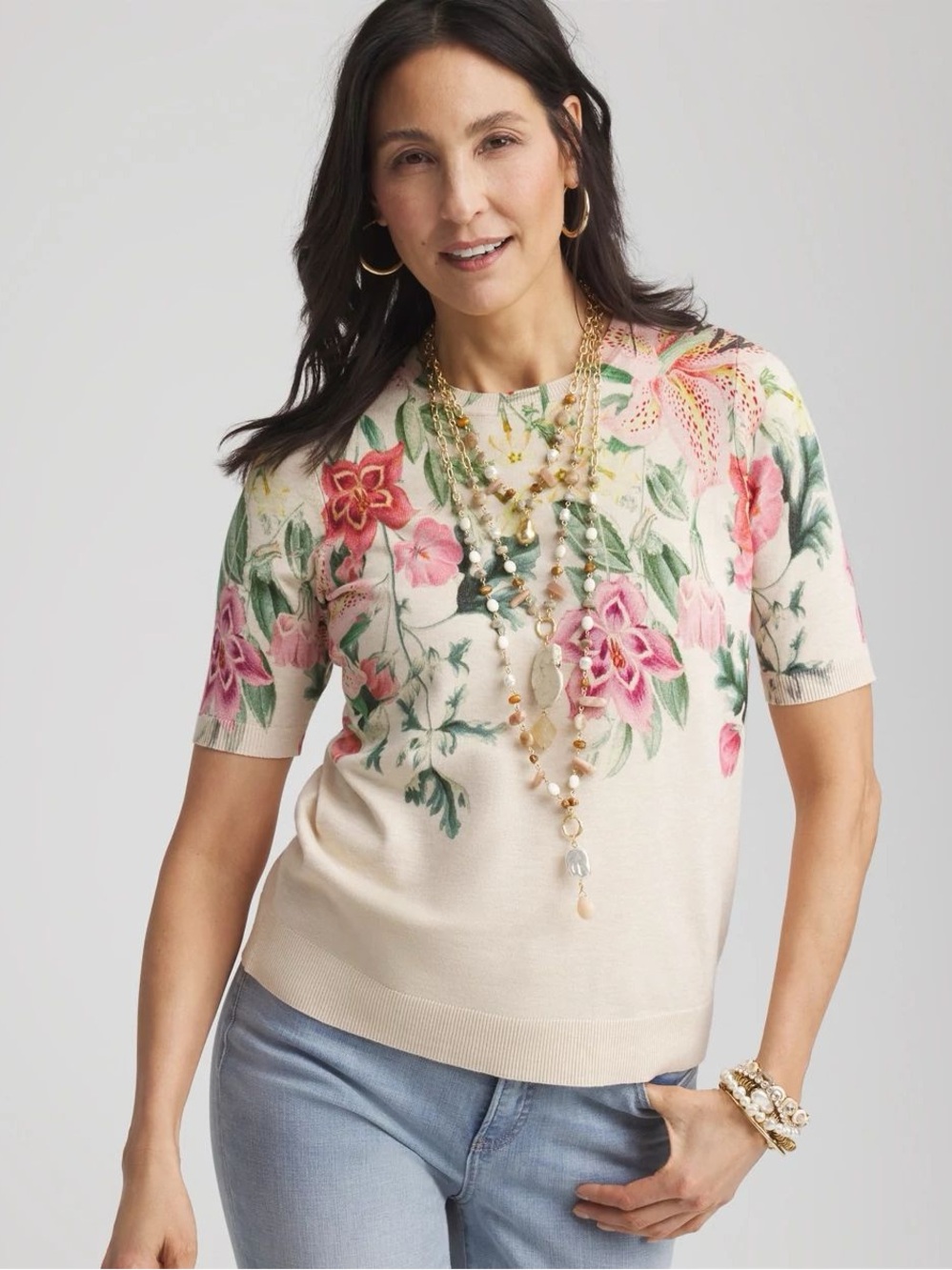 Chicos Garden Aria Lattice Short Sleeve Crewneck Pullover Sweater Womens Size 8